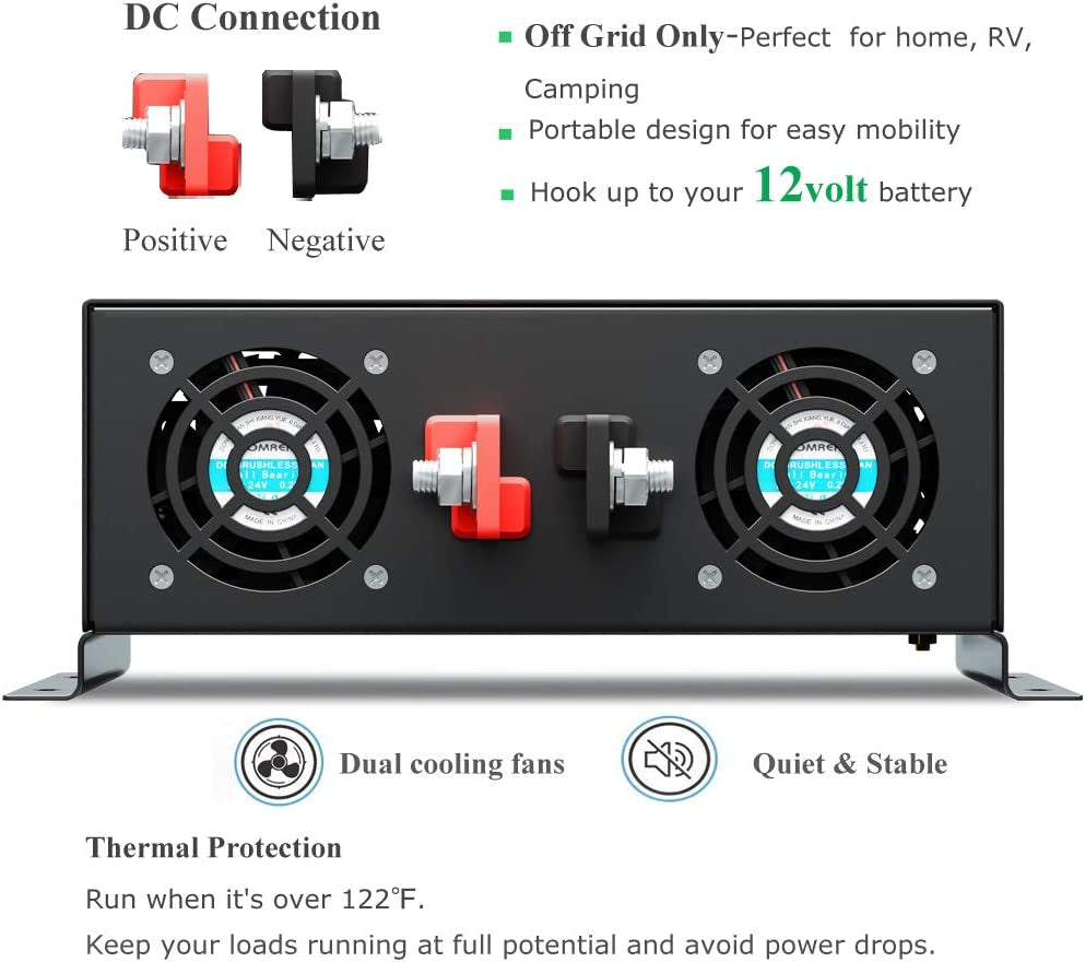 Reliable 2000W Pure Sine Wave Inverter 12V 120V 60Hz LED Display Solar Power Inverter (Black)