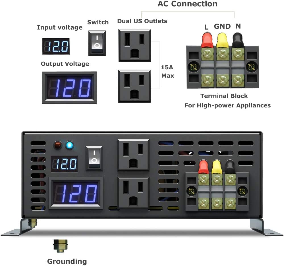 Reliable 2000W Pure Sine Wave Inverter 12V 120V 60Hz LED Display Solar Power Inverter (Black)