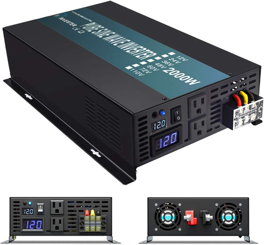 Reliable 2000W Pure Sine Wave Inverter 12V 120V 60Hz LED Display Solar Power Inverter (Black)