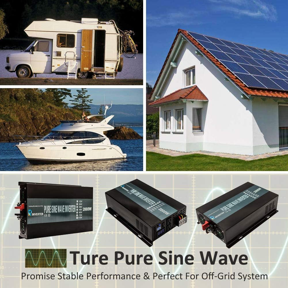 Reliable 2000W Pure Sine Wave Inverter 12V 120V 60Hz LED Display Solar Power Inverter (Black)