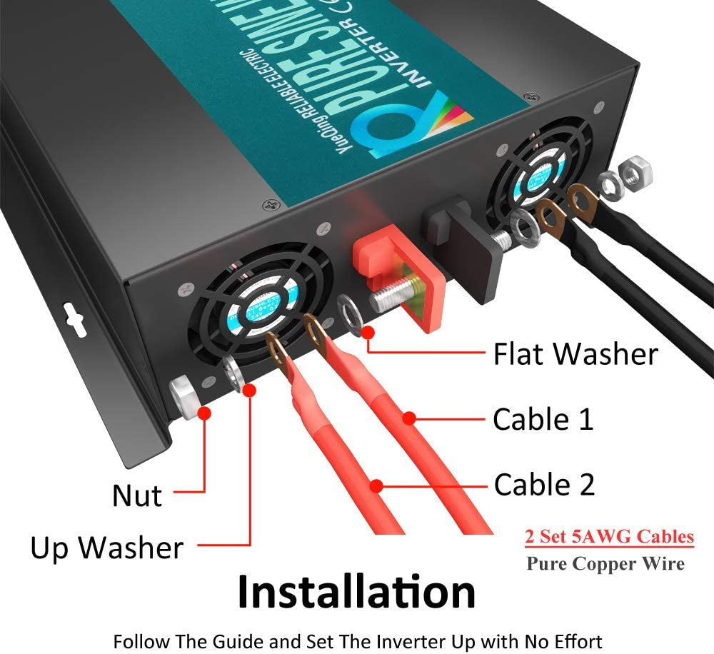 Reliable 2000W Pure Sine Wave Inverter 12V 120V 60Hz LED Display Solar Power Inverter (Black)
