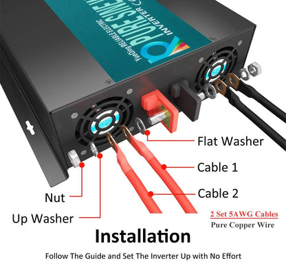 Reliable 2000W Pure Sine Wave Inverter 12V 120V 60Hz LED Display Solar Power Inverter (Black)